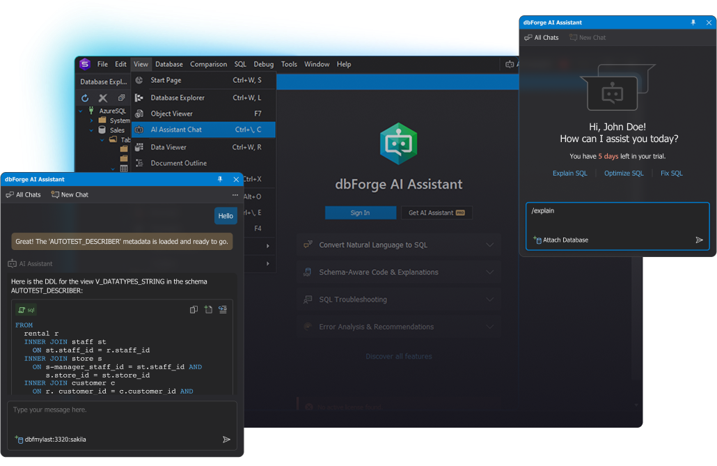 Launch your dbForge product and give the AI Assistant a go