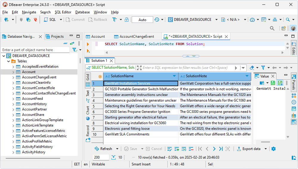 DBeaver query and data view for Oracle