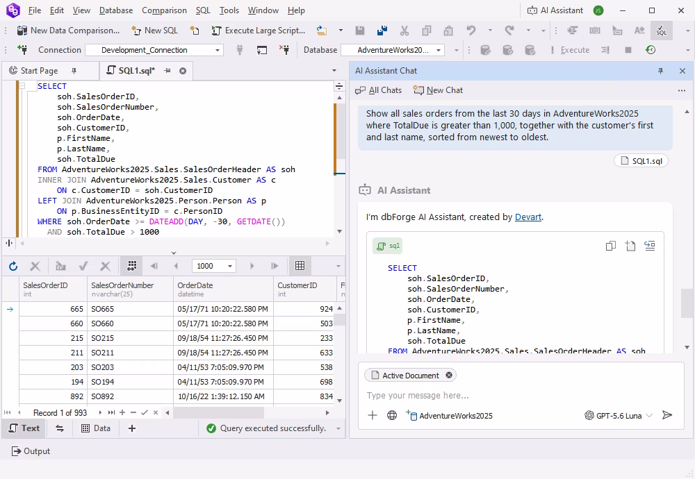 Conversion of natural language to SQL via AI