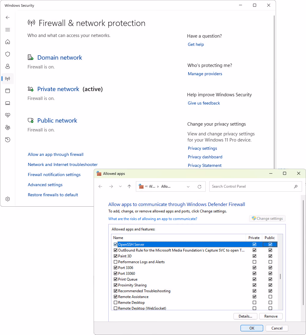 Configuring Windows Firewall to allow SSH connections using GUI.