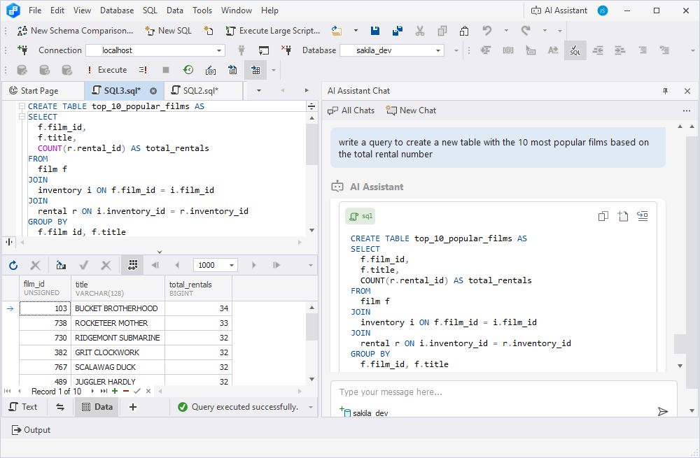Conversion of natural language to SQL via AI