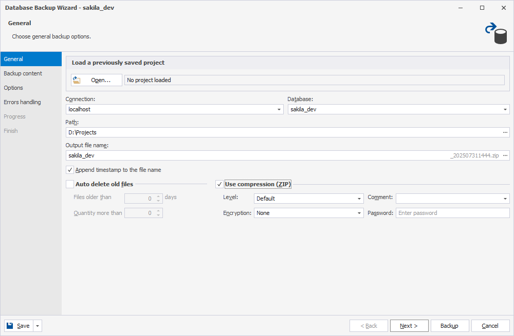 Backup and restore wizard in MySQL client interface showing schema backup and recovery options