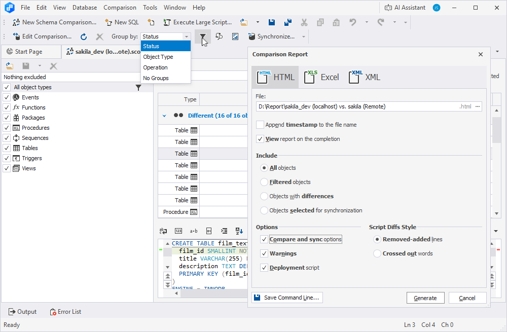 MySQL Schema Compare results grid with highlighted differences and export options