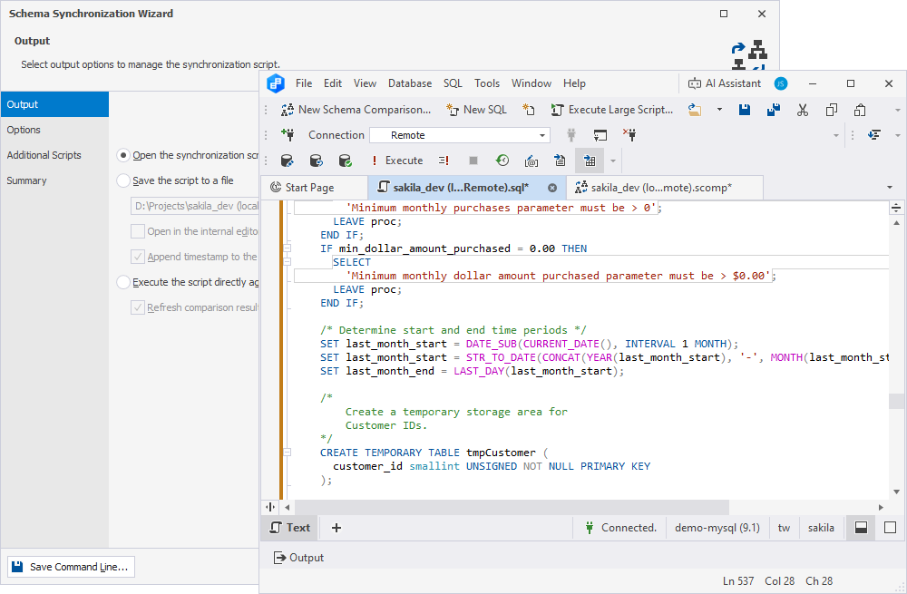 MySQL Schema Synchronization features interface showing script generation and preview options