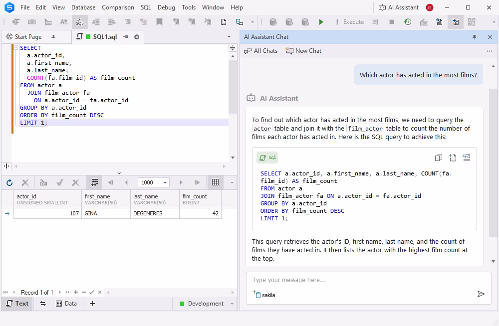 Conversion of natural language to SQL via AI