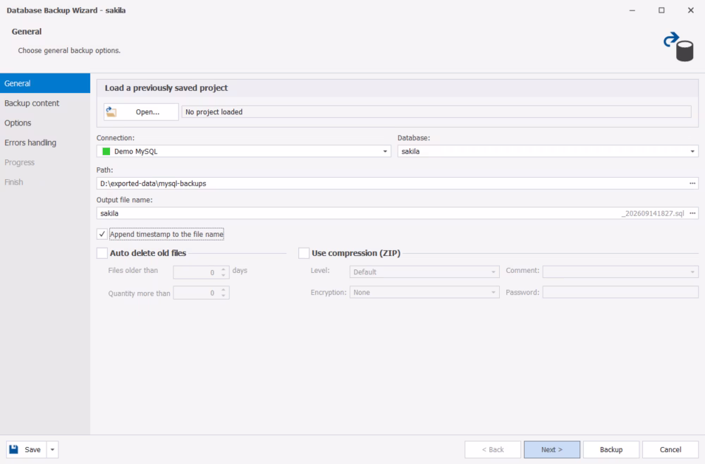 Backing up a MySQL database in dbForge Studio