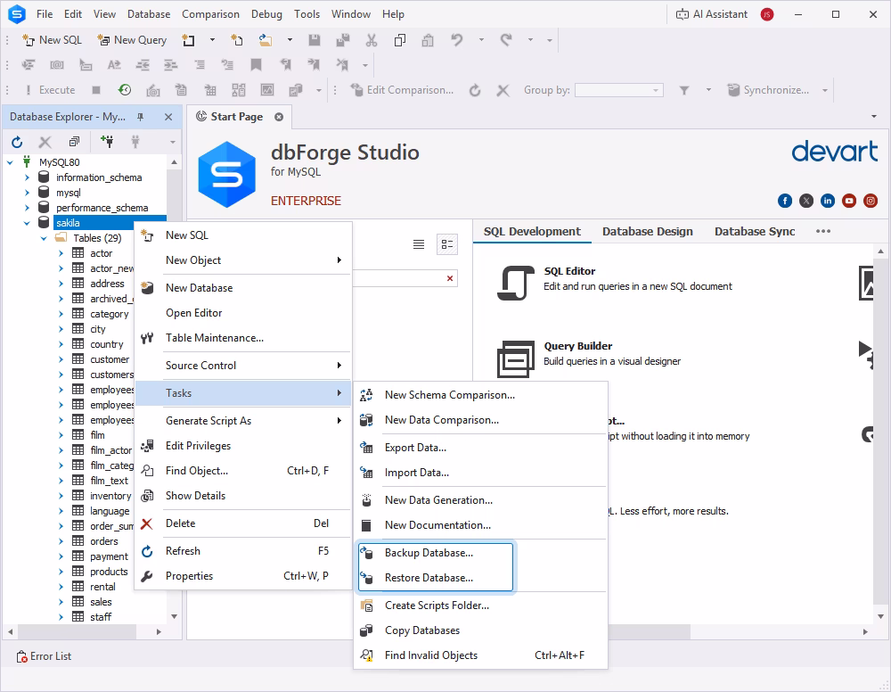 backup and restore feature in dbForge