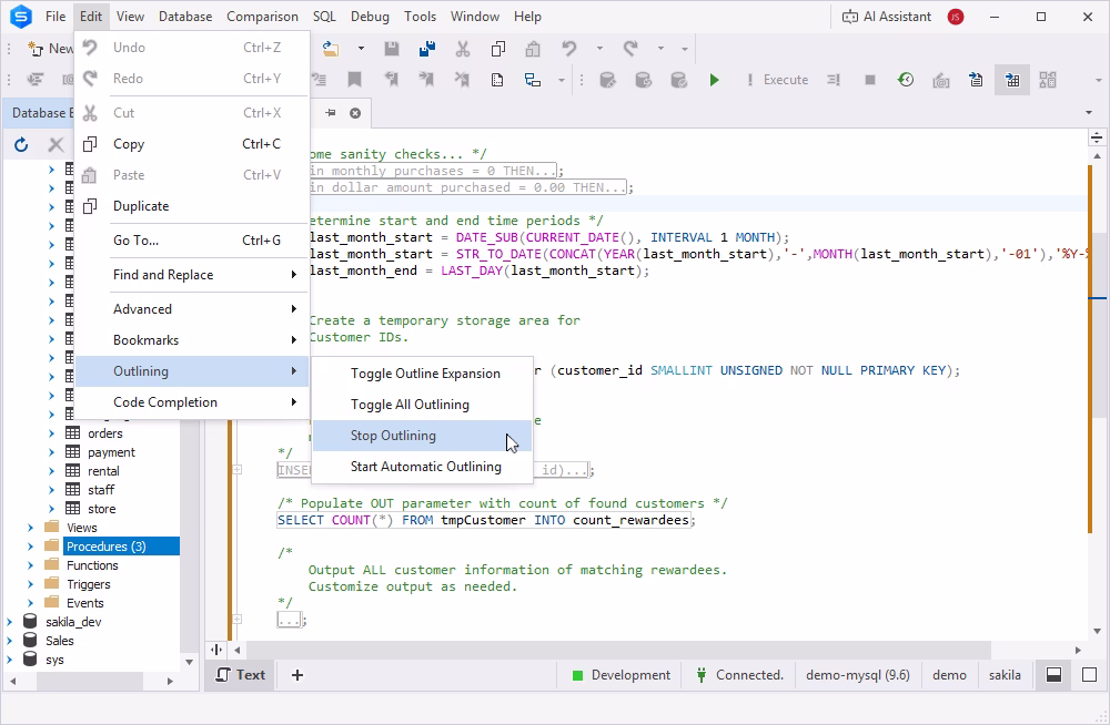 Collapsing/Expanding regions of code in MySQL Editor