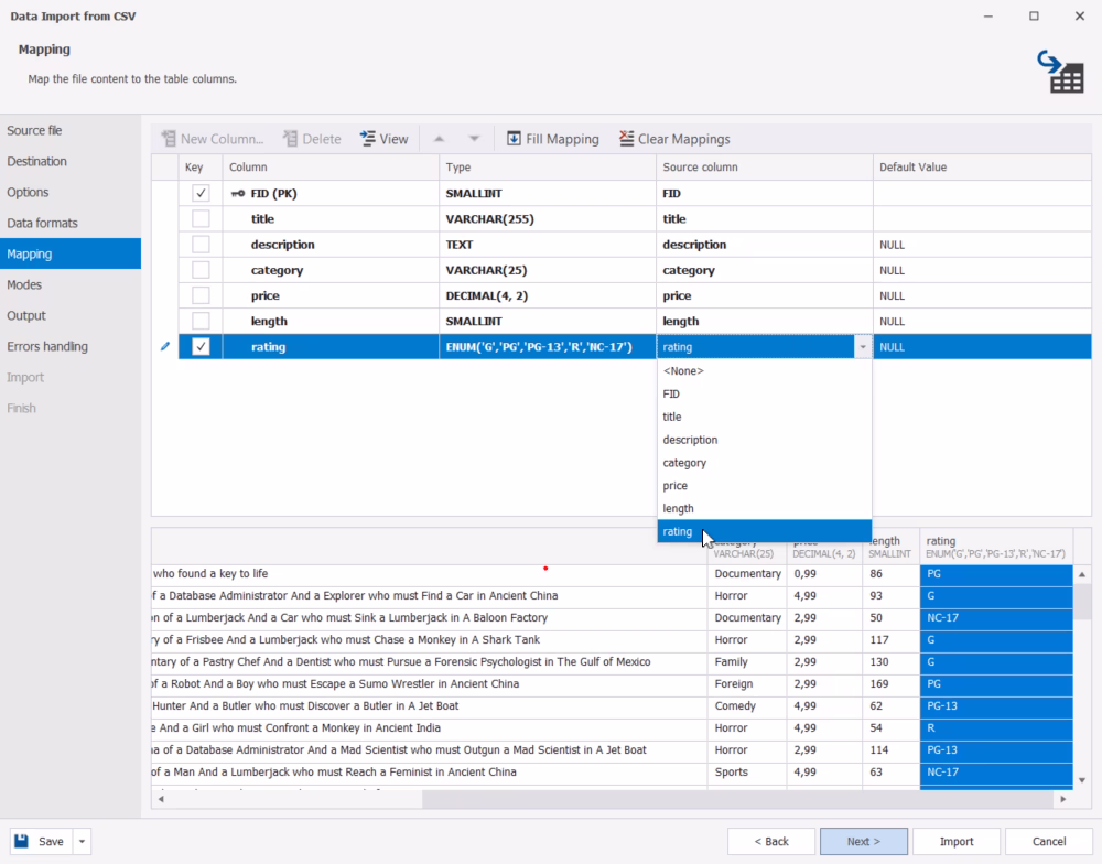 Column mapping settings during data import