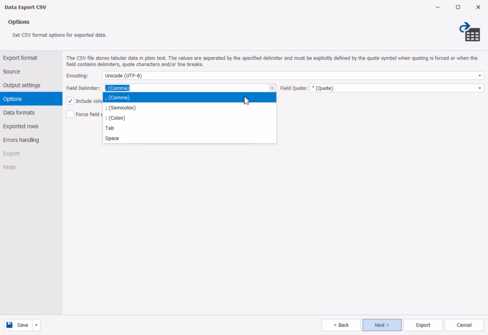 CSV format options for data export