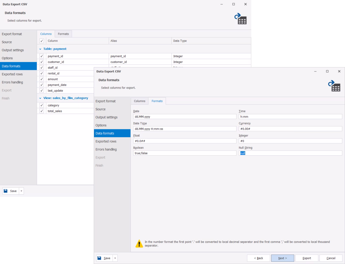 Data formats settings for export