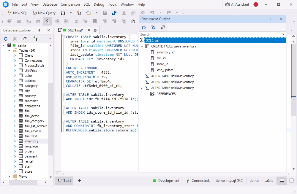 Document Outline window in MySQL Editor