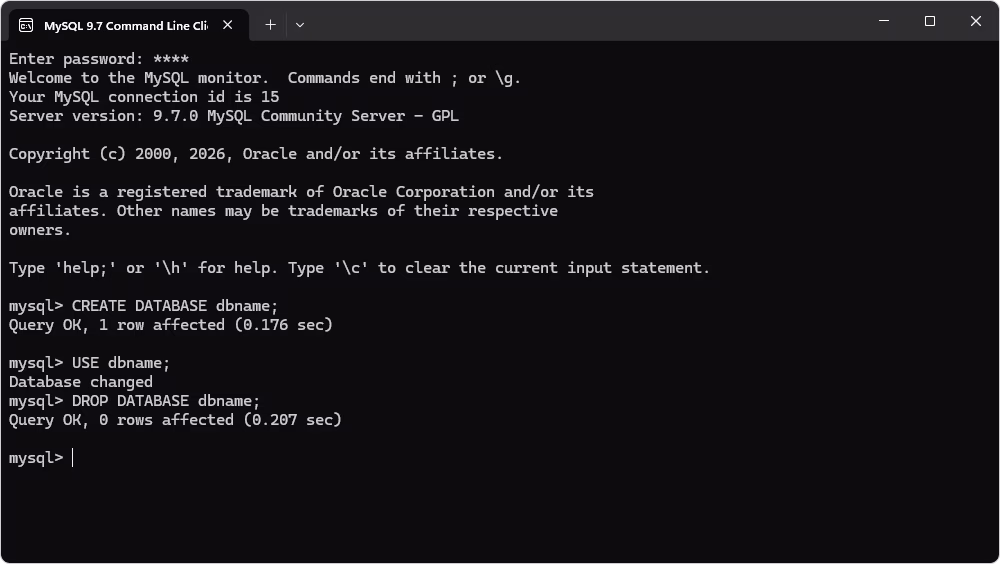 Drop created database in MySQL