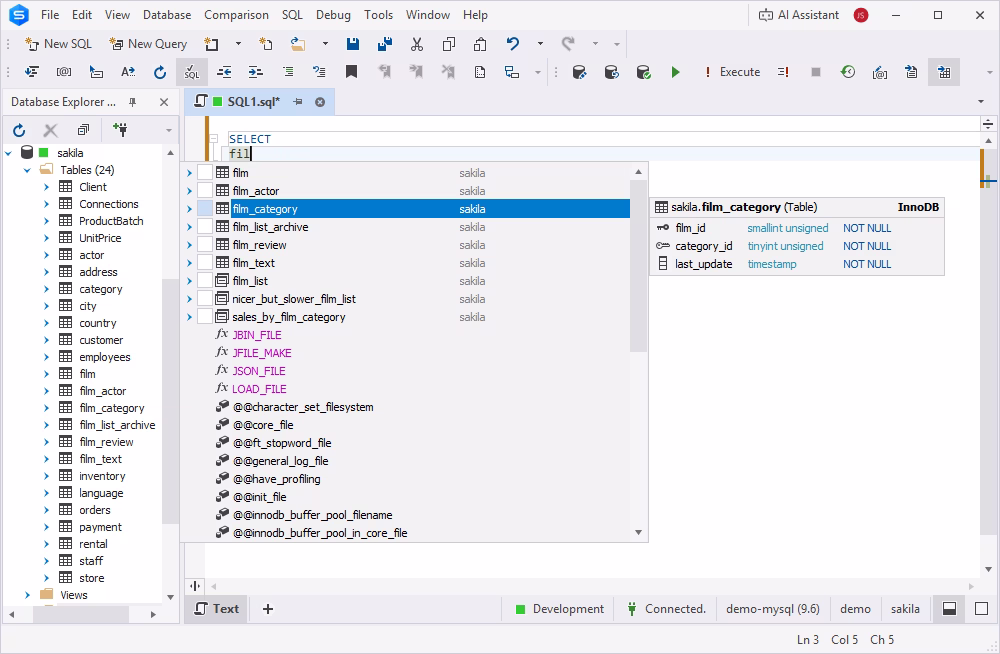 Code completion in MySQL Editor