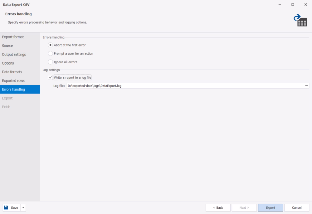 Error handling settings during export