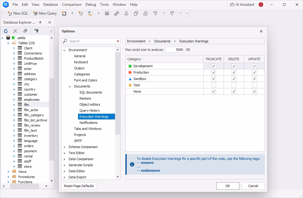 Execution warnings configuration in MySQL Editor