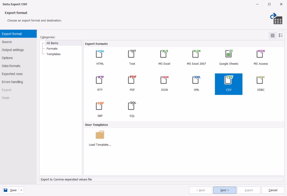 Available data export formats
