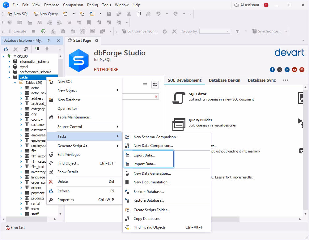 import and export feature in dbForge