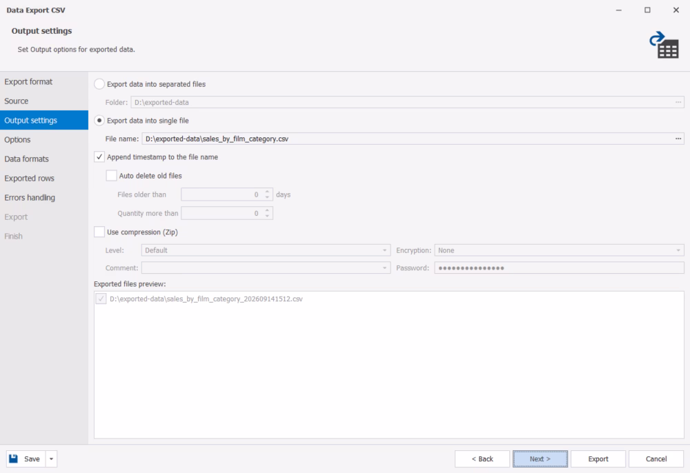 Export output settings