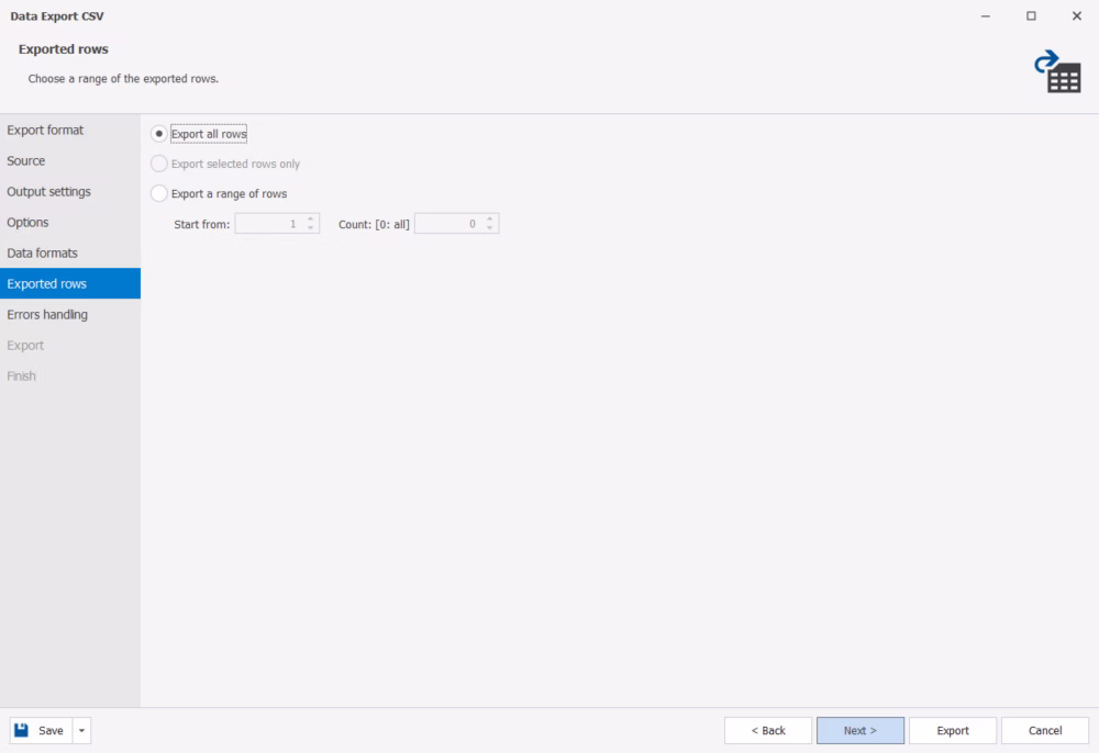 Selecting rows to export