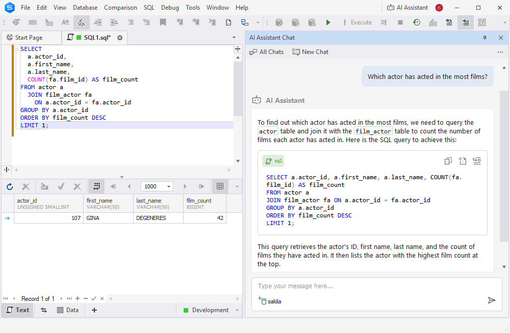 Conversion of natural language to SQL via AI