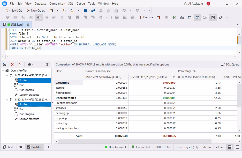 Results comparison in MySQL Query Profiler