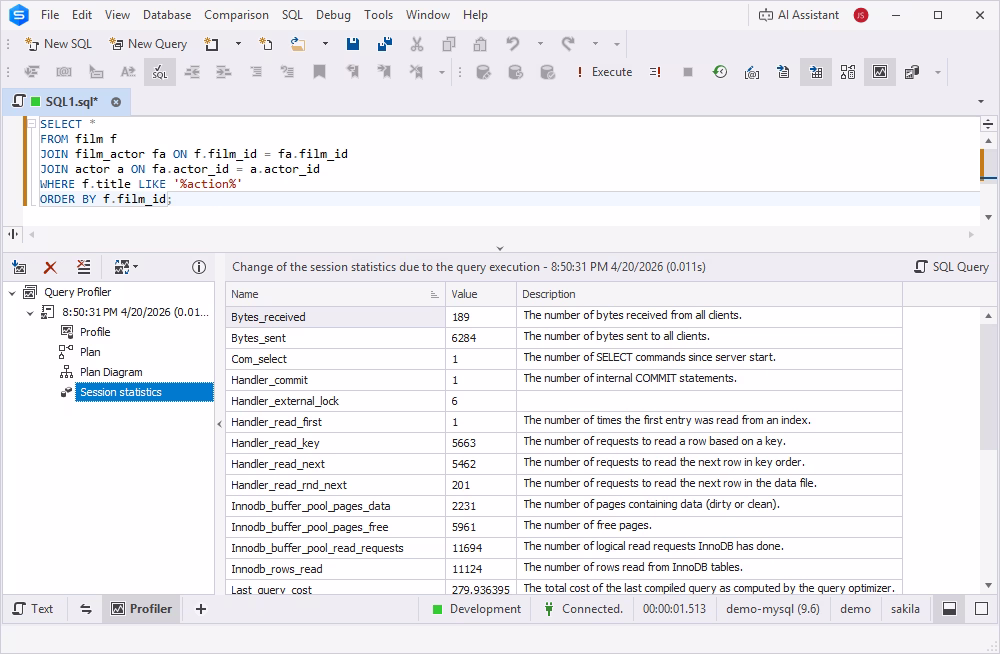 Session statistics for a MySQL query
