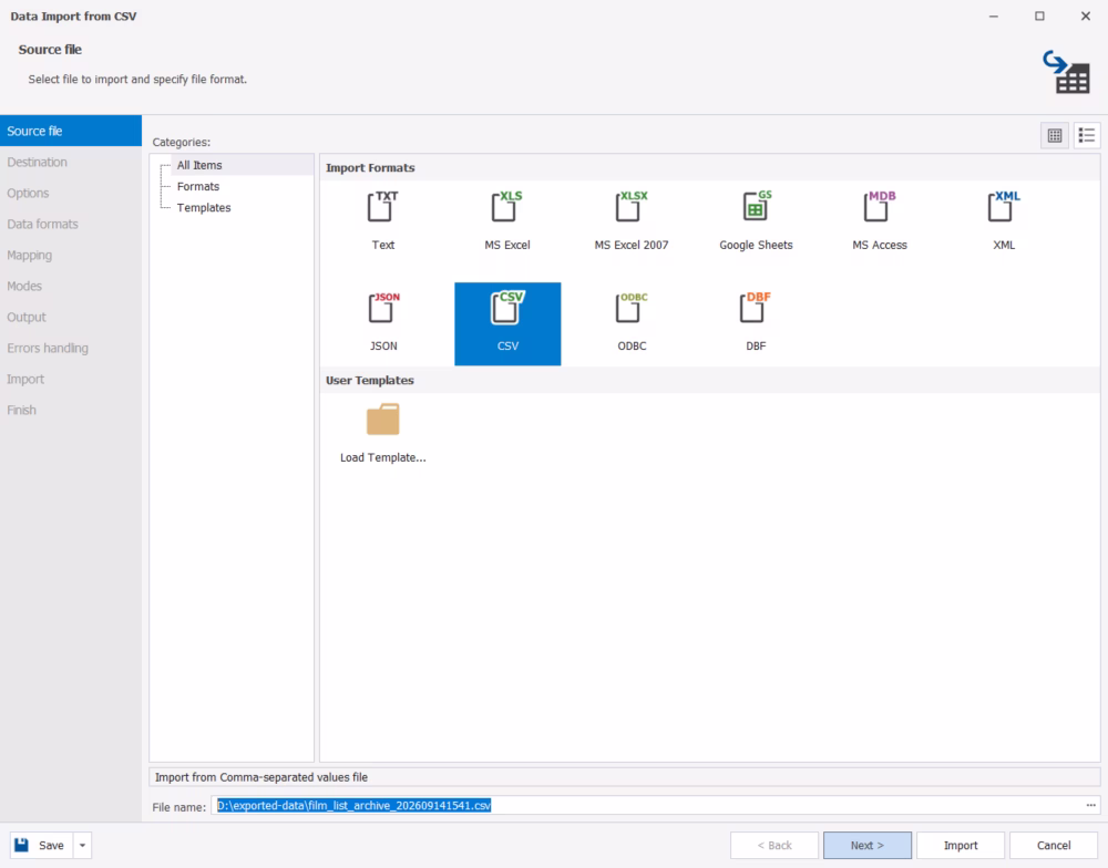Selecting data formats for import