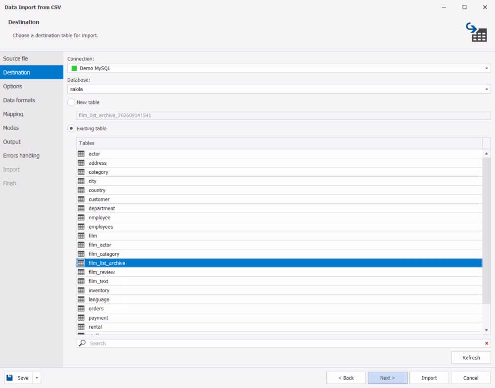 Selecting the import destination