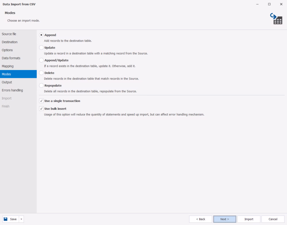 Import mode settings