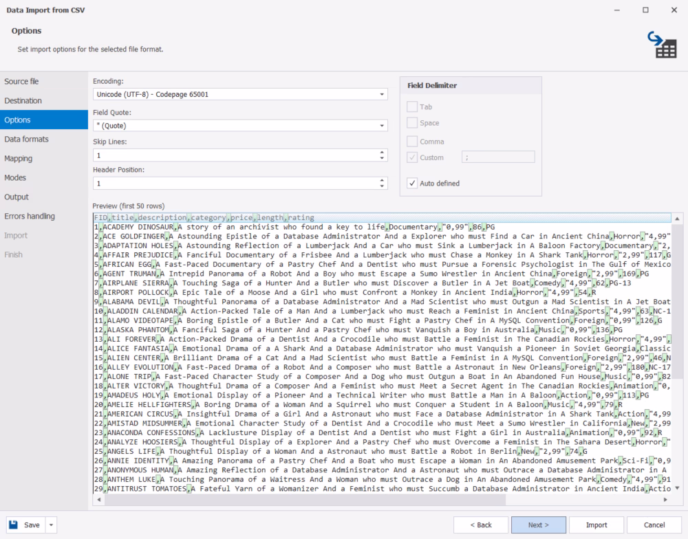 Import options settings