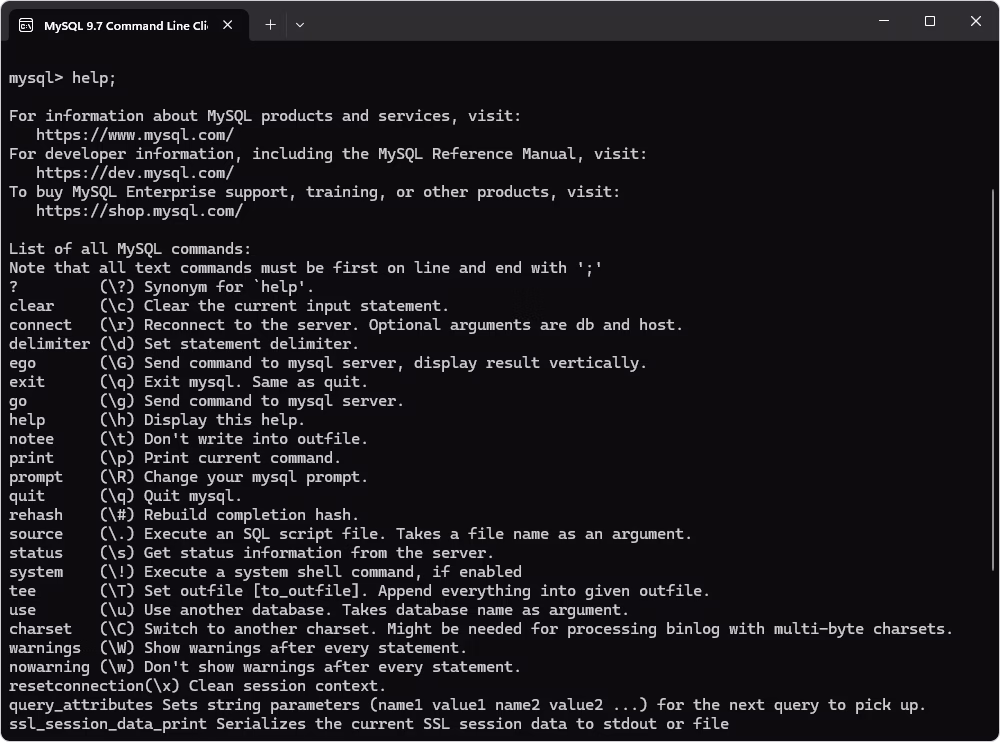 MySQL command line help command