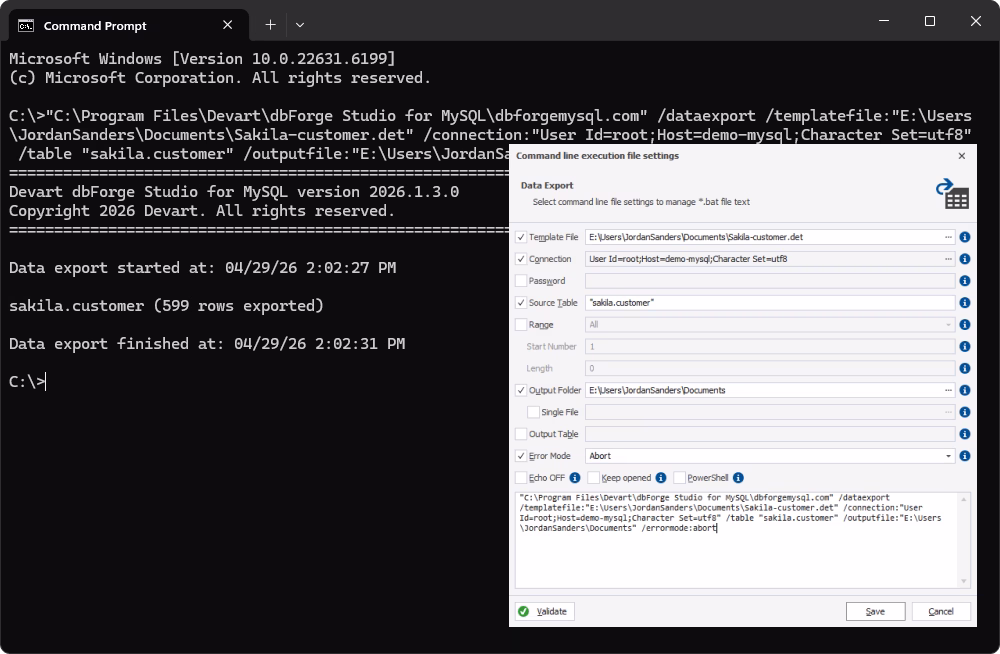 CLI-powered automation of database tasks in a MySQL client tool for Windows