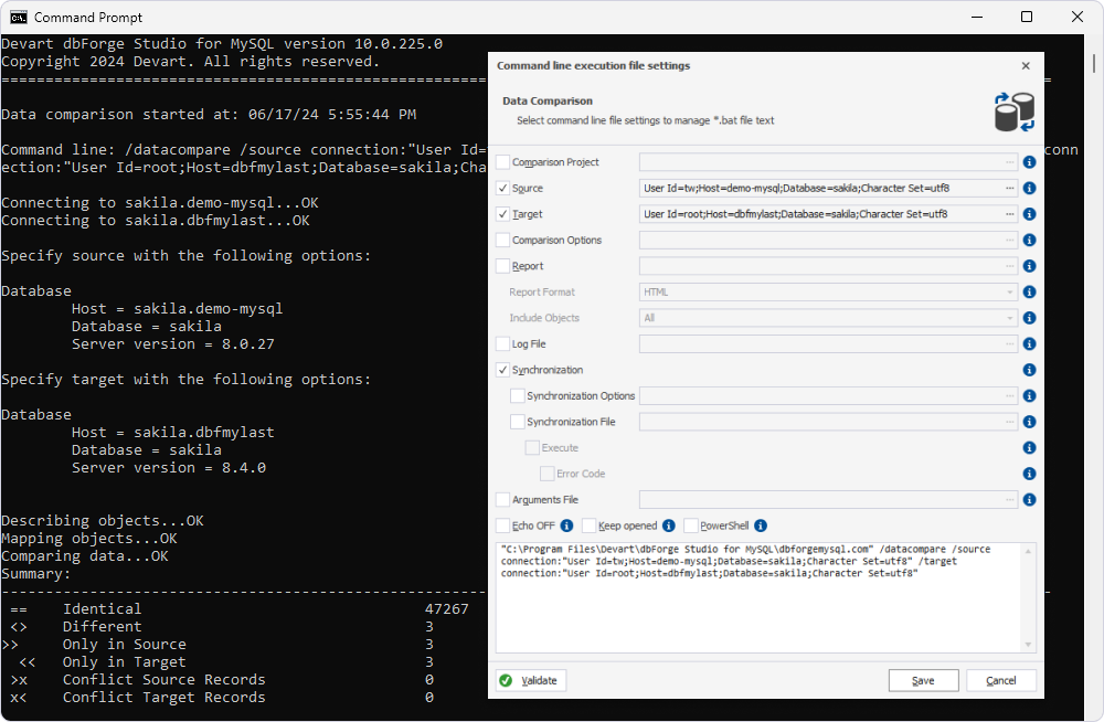 CLI-powered automation of database tasks in a MySQL client tool for Windows