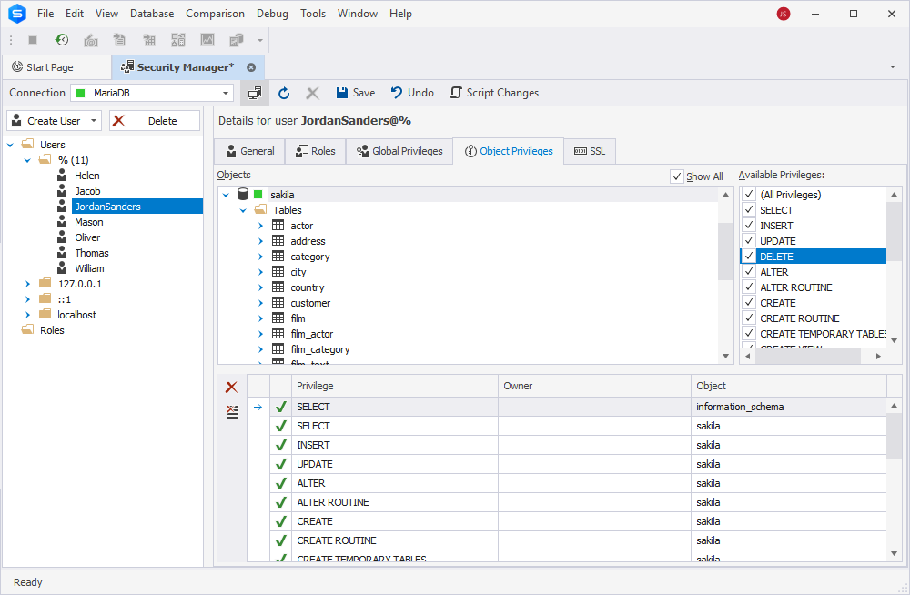 Database administration in a MySQL GUI client