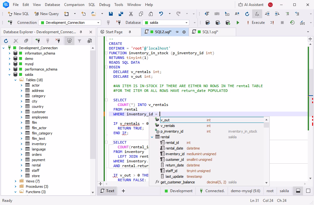 SQL development via a graphical MySQL client