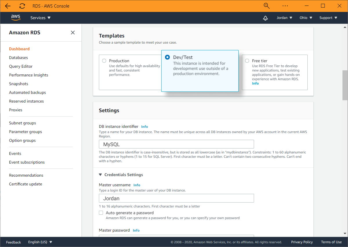 MySQL auf AWS-Vorlage auswählen