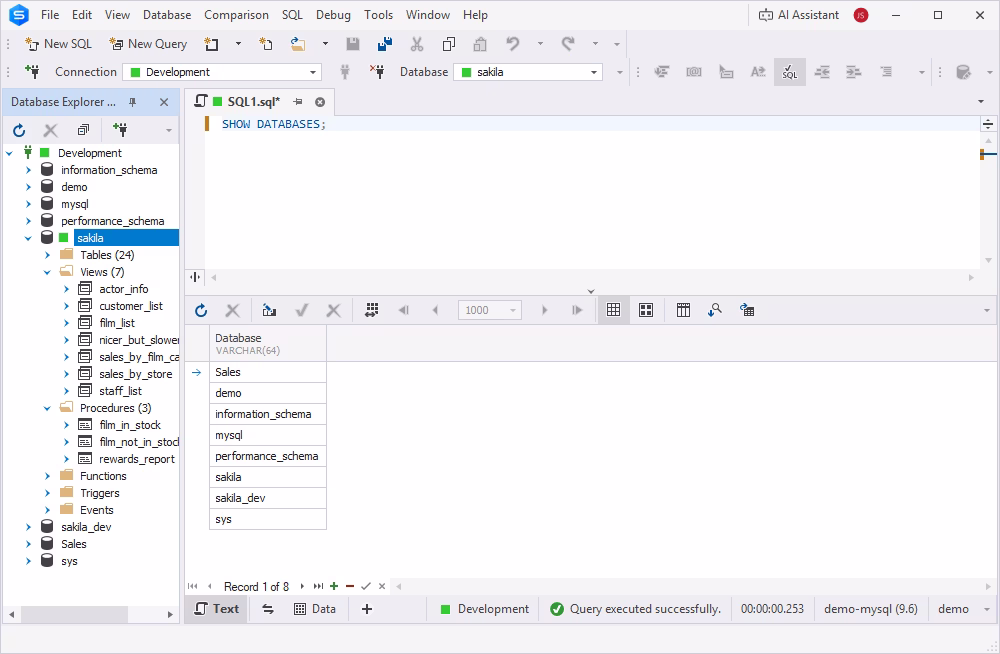 SQL Editor in dbForge Studio for MySQL running the SHOW DATABASES command
