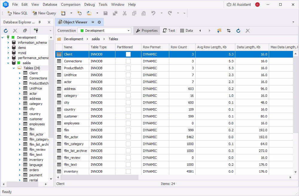 Database Explorer in dbForge Studio for MySQL showing the list of databases