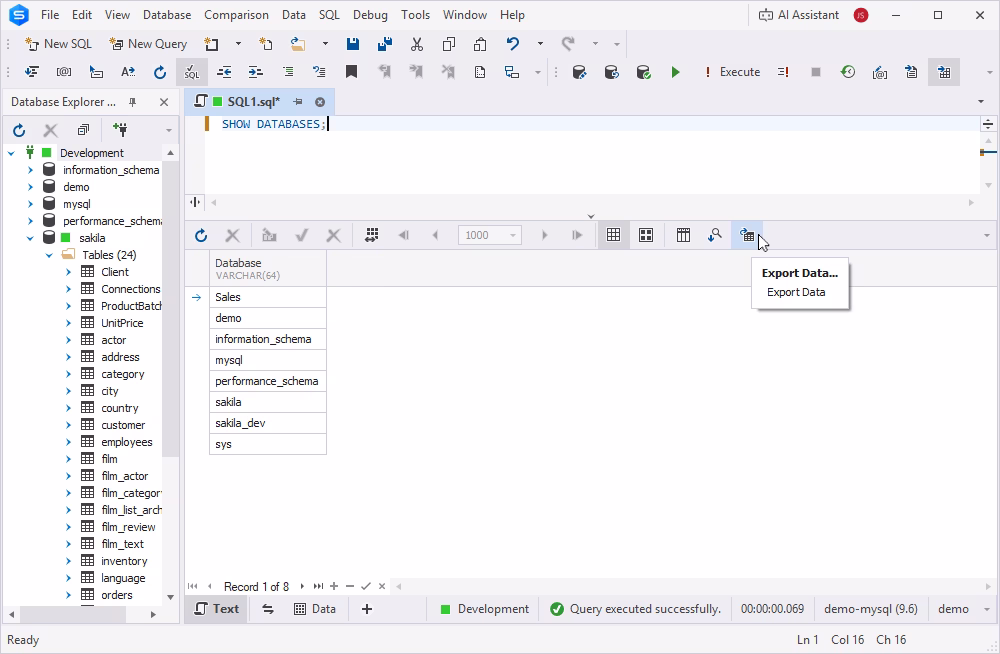 Exporting the database list from dbForge Studio for MySQL