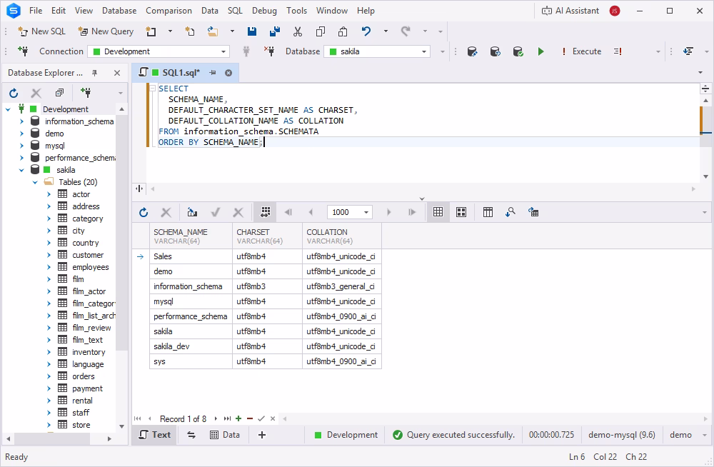 Query results showing MySQL database names with character sets and collations