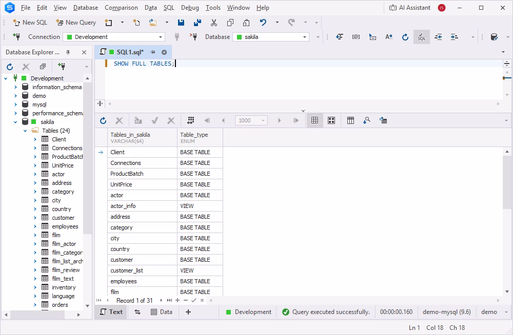 Database Explorer in dbForge Studio for MySQL showing tables within a database