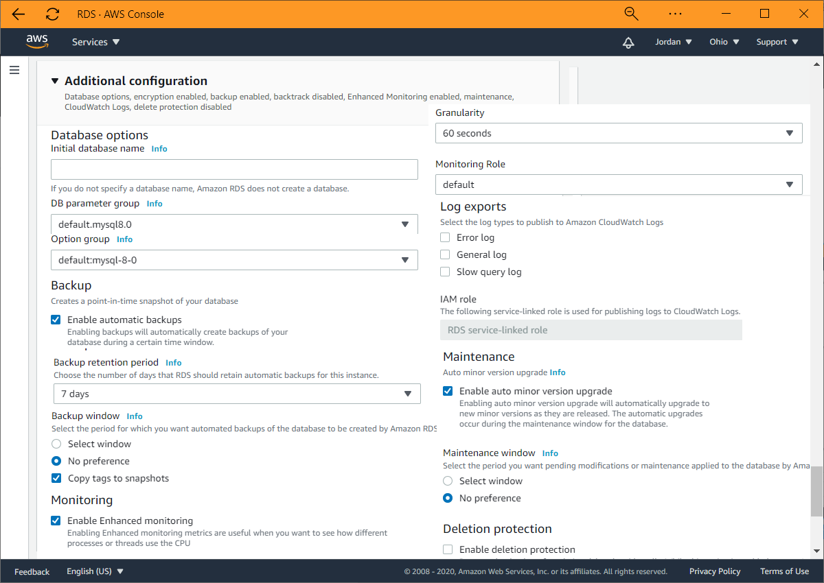 MySQL auf AWS. Erweiterte Einstellungen