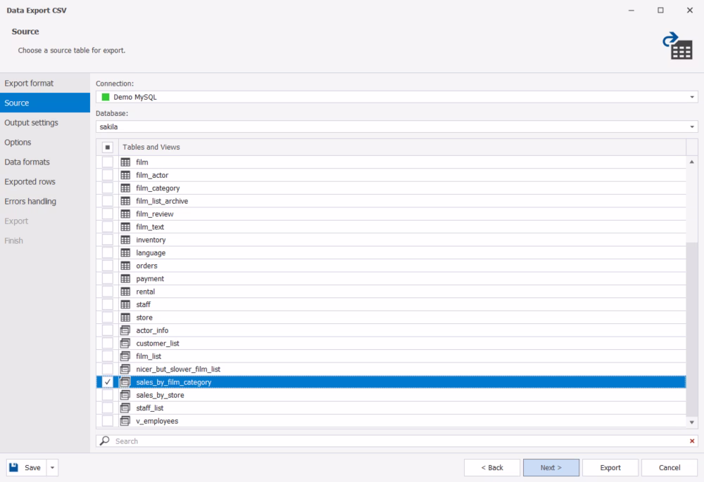 Selecting a table to export