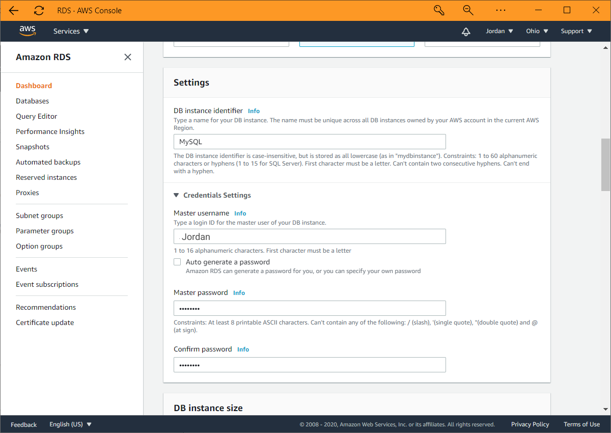 AWS MySQL-Einstellungen