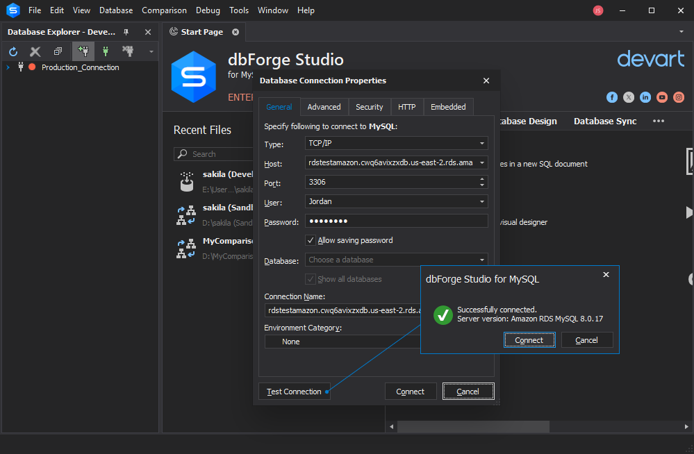 Verwendung von dbForge Studio for MySQL zur Verbindung mit einer MySQL-Datenbank