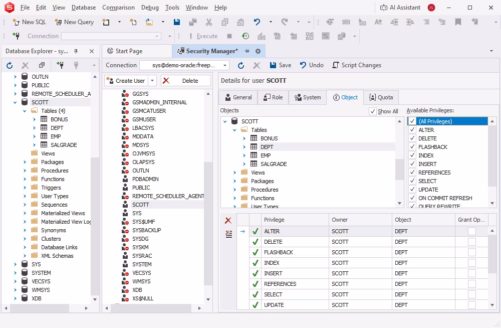 Security Manager - Oracle database administration tool for managing user accounts