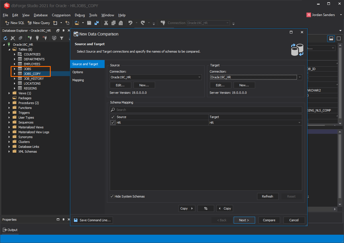 Source and target for data comparison