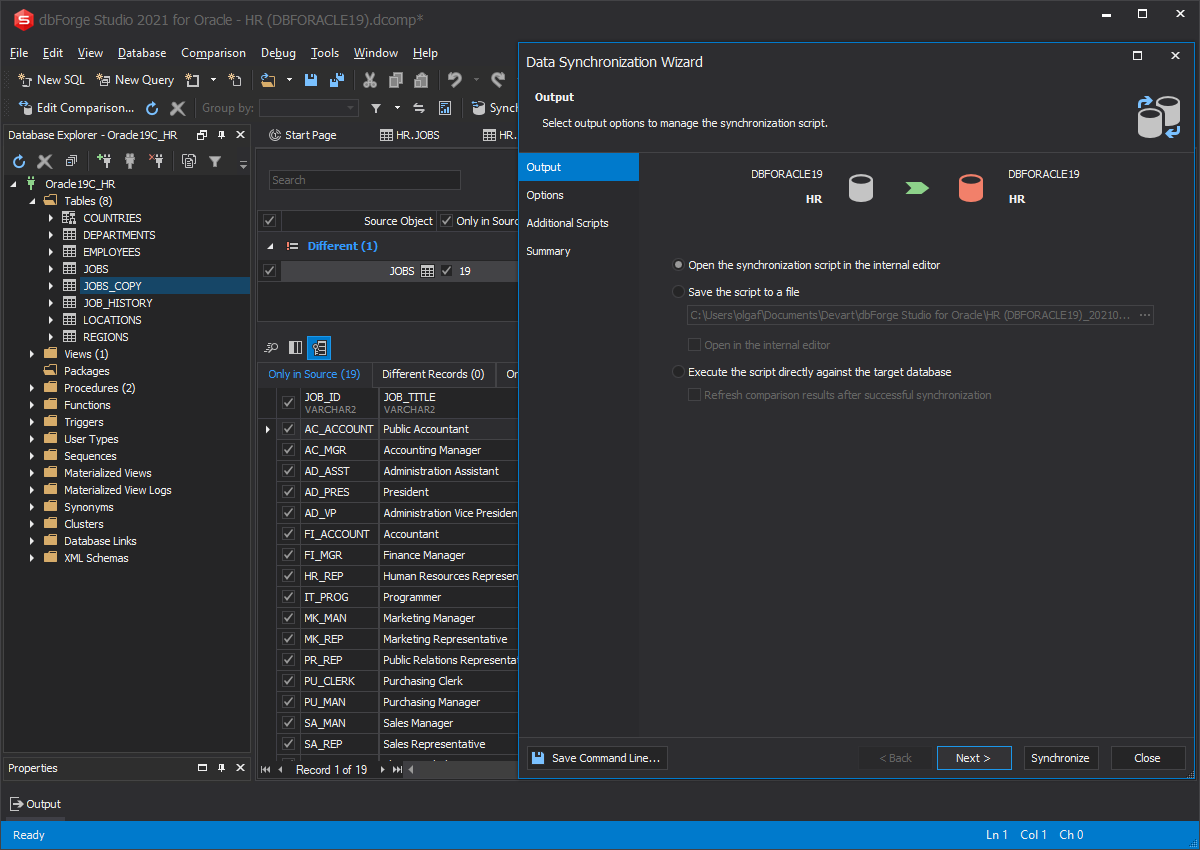 Output options for the sync script