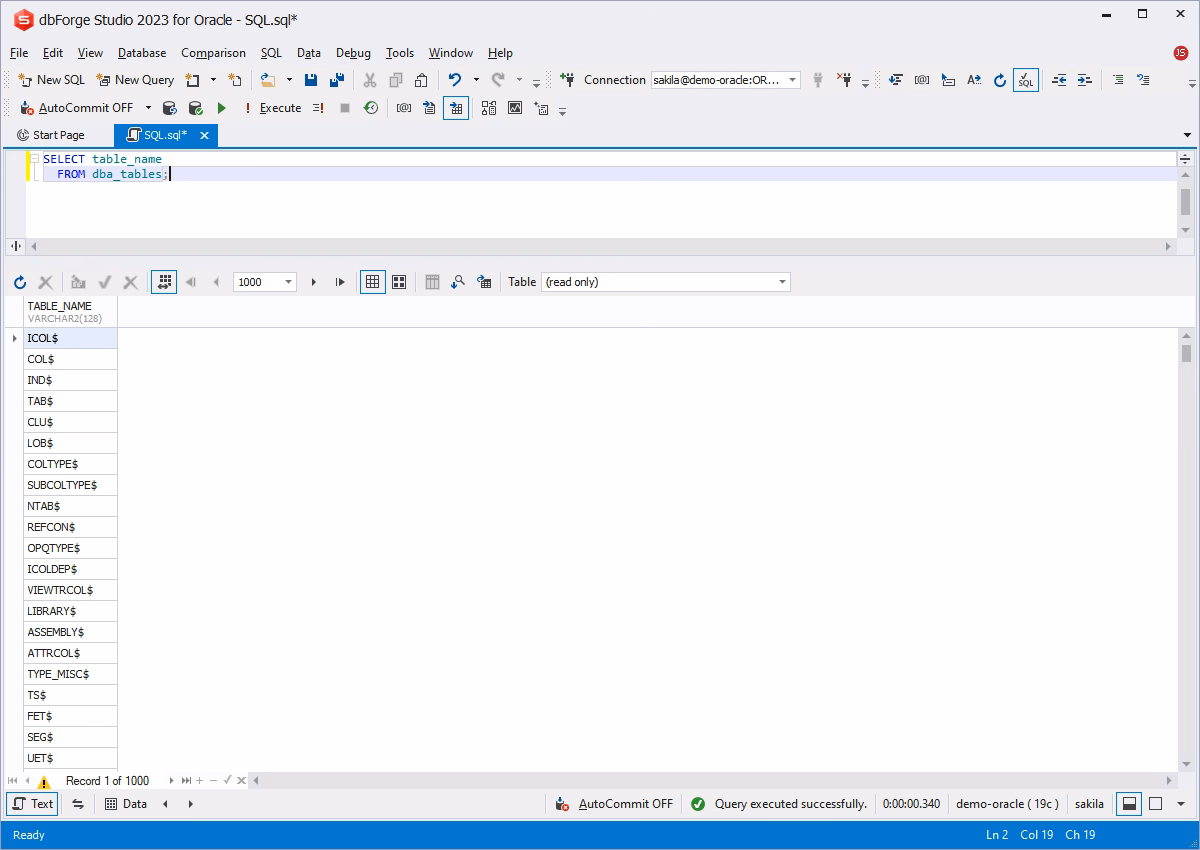 dbForge Studio for Oracle is displaying a query on DBA_TABLES that lists all database table names in the results grid.